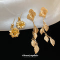 Gold Tone Flower and Leaf Dangle Stud Earrings Jewelry view 3
