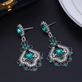 Aqua Silver Tone Green Palace Fan Crystal Metal Dangle Earrings view 3