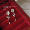 Gold Tone Tulip Drop Earrings Cream Cat Eye Stem Leaves view 4