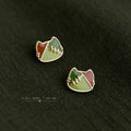 Gold Tone Green Burgundy Patchwork Cat Head Stud Earrings view 4