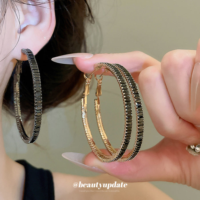 Black Crystal Textured Oversized Hoop Earrings Fashion Jewelry