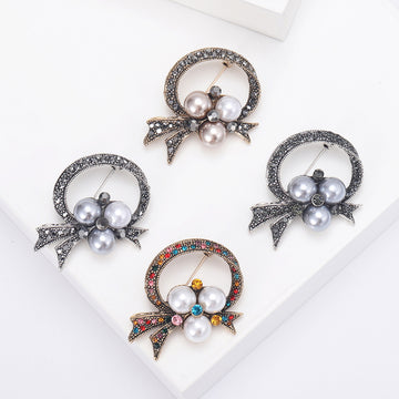 Bow and Pearl Wreath Brooch for Jackets Scarves and Coats