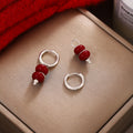 Red Triple Round Bead Silver Tone Small Huggie Earrings view 4