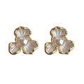 Gold White Three Petal Flower Stud Earrings With Pearl Centers view 5