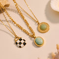 Checkerboard Enamel and Natural Stone Pendant Necklaces view 1