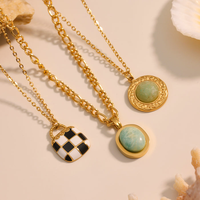 Checkerboard Enamel and Natural Stone Pendant Necklaces