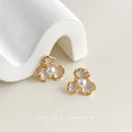 Gold White Three Petal Flower Stud Earrings With Pearl Centers view 3