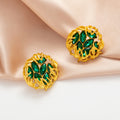 Gold Openwork Leaf Emerald Green Round Stud Earrings view 2