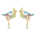 Gold Tone Blue Pink Bird Green Leaf And Clear Drop Stud Earrings view 5