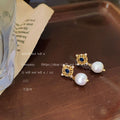Gold Filigree Blue Stone Pearl Drop Stud Earrings Pair view 3