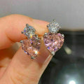 Silver Tone Pink Heart Clear Round Drop Stud Earrings view 2