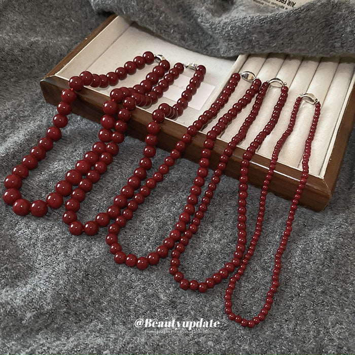 Red Glossy Round Bead Strand Necklace Eight Size Variants