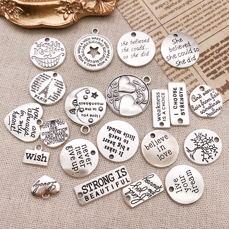Iron English Letter Round Tag Charm Pendant for DIY Necklace Bracelet Jewelry
