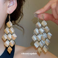 Matte Diamond Tile Chandelier Earrings in Silver and Gold Tones view 1