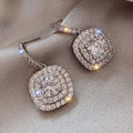 White Gold Tone Cushion Double Halo Crystal Drop Earrings view 1
