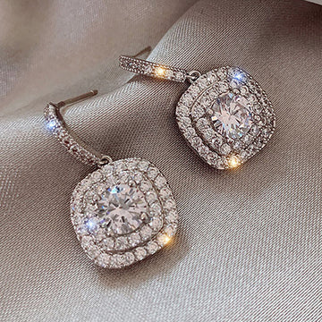 White Gold Tone Cushion Double Halo Crystal Drop Earrings