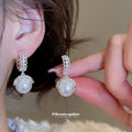 Silver Tone Textured Hoop and Large Pearl Drop Earrings view 4