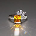 Silver Yellow Emerald Cut Leaf Cluster Finger Ring 6-10 view 2