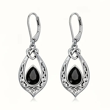 Antique Silver Celtic Knot Black Teardrop Leverback Earrings