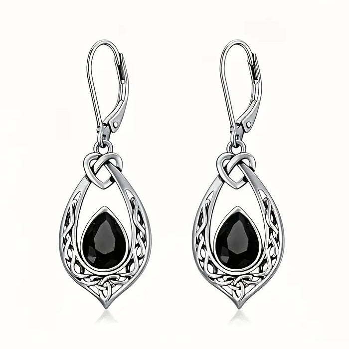 Antique Silver Celtic Knot Black Teardrop Leverback Earrings