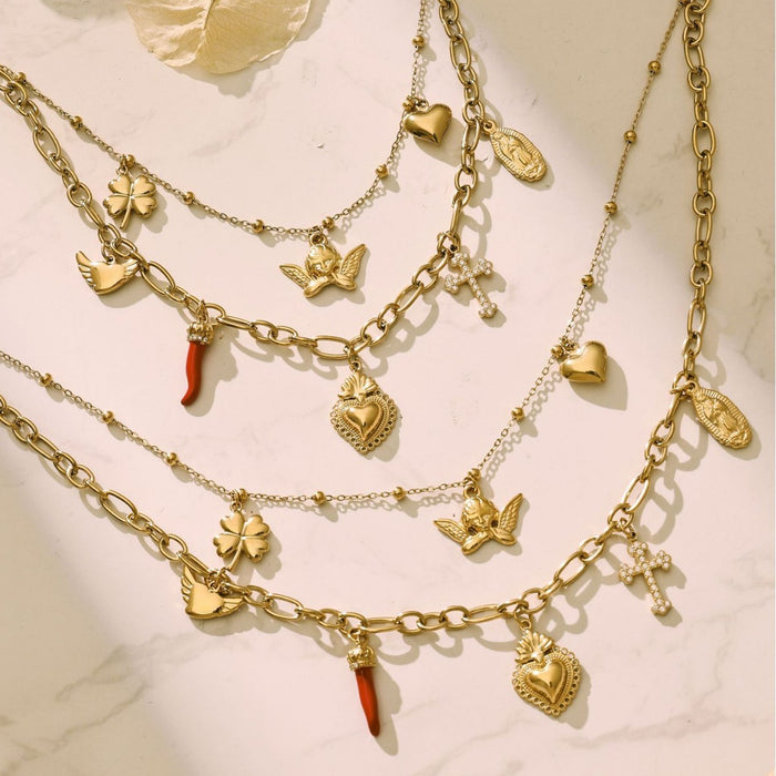 Gold Angel Heart Multi Charm Double Layer Necklace Steel