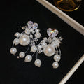 Silver Crystal Floral Earrings with Pearl Drop Fringe view 6