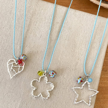 Three Blue Cord Outline Pendant Necklaces in Geometric Shapes