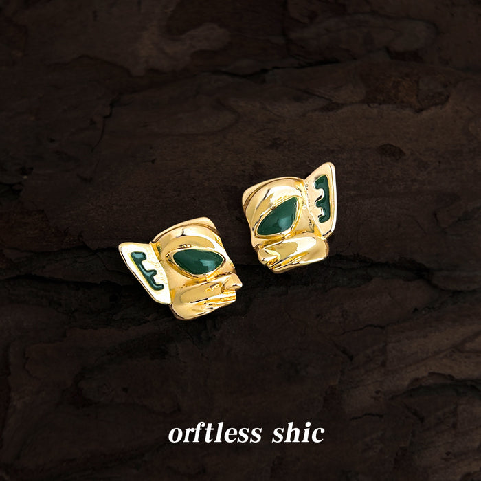 Gold Abstract Face Mask Stud Earrings Green Enamel Eyes