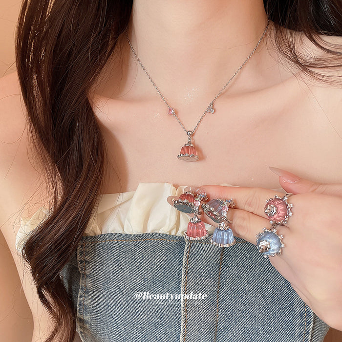 Silver Pudding Resin Earrings Necklace And Open Rings