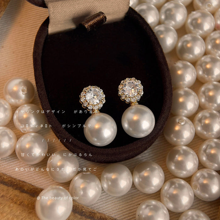 Gold Tone Clear Halo White Pearl Drop Stud Earrings