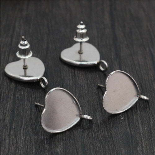 Steel Tone Heart Bezel Earring Post Findings With Loop, close view of the finish and front surface