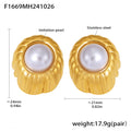 Imitation Pearl Stud Earrings Ribbed Metal Shell Gold Steel Tone view 6