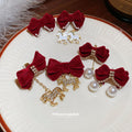 Red Velvet Bow Horse Drop Earrings with Distinctive Textured Details view 3