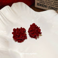 Deep Red Layered Fabric Flower Stud Earrings With Ruffled Petals view 4