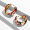 Gold Tone Painted Floral Small Hoop Earrings with Clear Stone Accents view 3