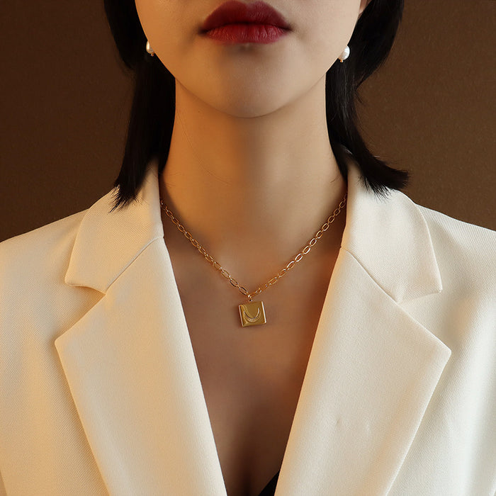 Square Moon Pendant Chain Necklace Gold Silver Tone