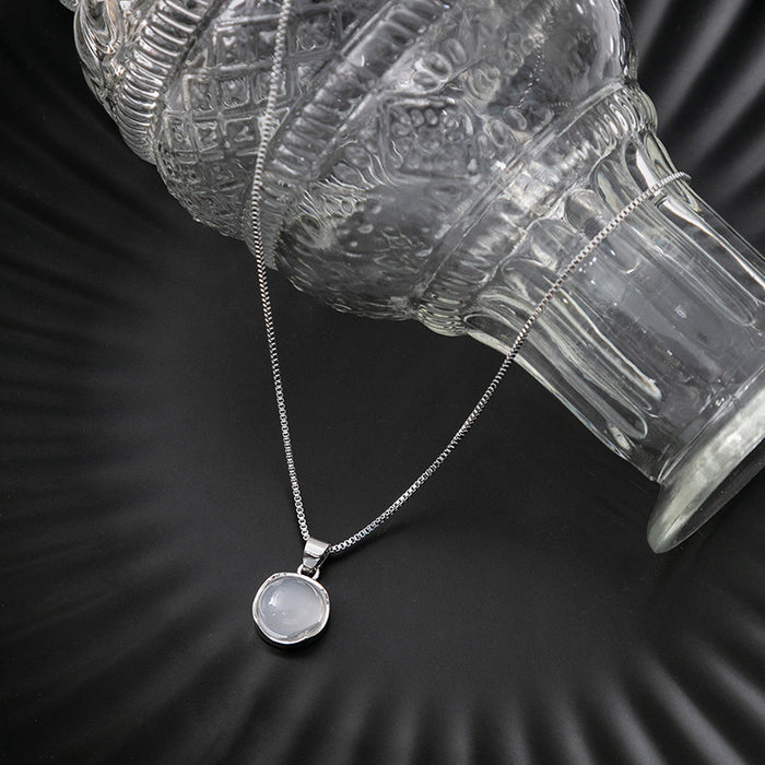 Silver Tone Box Chain Round White Cabochon Pendant Necklace