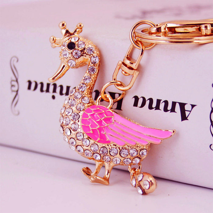 Crowned Swan Keychain With Clear Stones And Colorful Enamel Wing