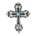 Antique Tone Cross Brooch with Turquoise Blue Cabochons view 4