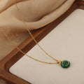 Gold Tone Oval Pendant Necklace Green Stone White Shell view 2