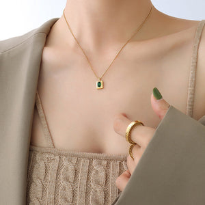 Gold Ball Chain Green Oval Zircon Square Pendant Necklace