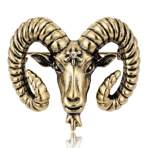 Sculpted Ram Head Brooch in Antique Gold and Silver Tones