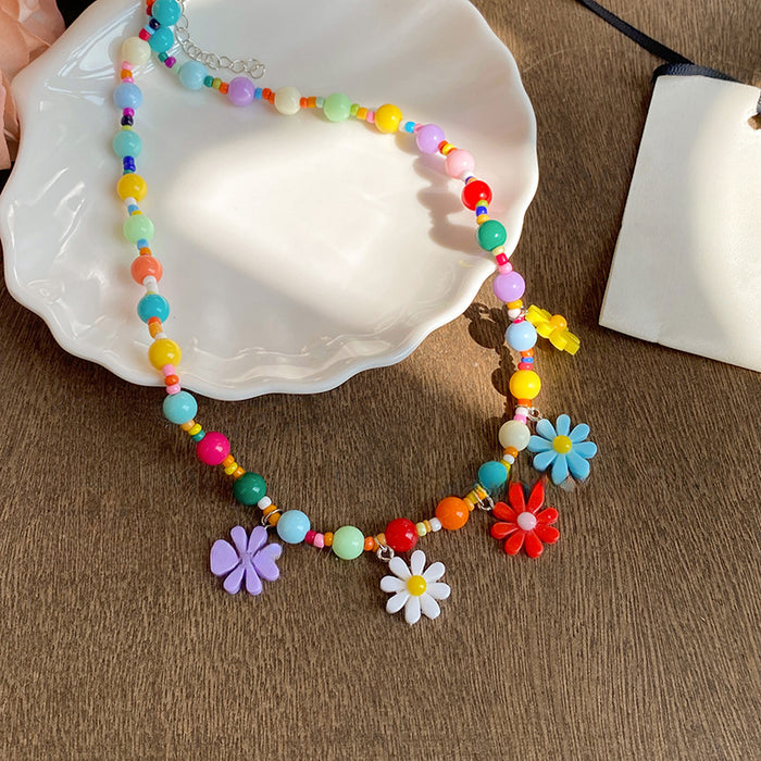 Colorful Rainbow Seed Bead Daisy Flower Charm Necklace
