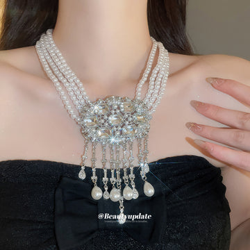 Layered Pearl Necklace With Crystal Fringe Centerpiece
