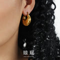 Chunky Embossed Geometric U-Hoop Earrings Gold Steel view 1