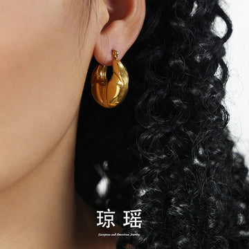 Chunky Embossed Geometric U-Hoop Earrings Gold Steel
