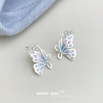 Silver Tone Pastel Blue Pink Butterfly Stud Earrings For Women