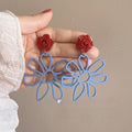 Blue Wire Flower and Red Rose Stud Earrings With Metal Details view 6