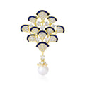 Blue Peacock Feather Brooch With Faceted Crystals And Polished Metal Details view 1
