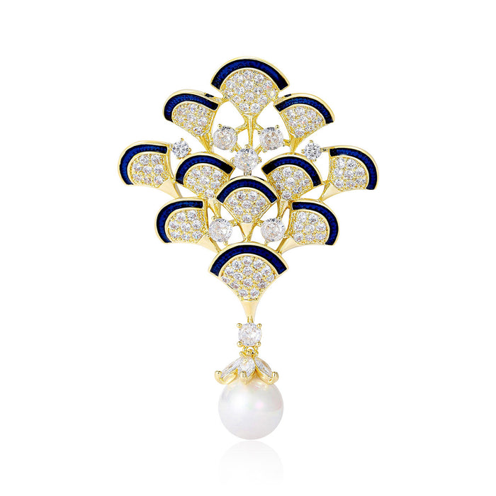 Blue Peacock Feather Brooch With Faceted Crystals And Polished Metal Details